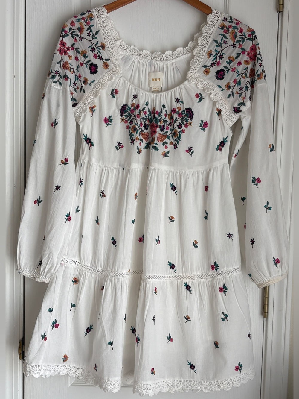 Anthropologie MAEVE Sydney Floral Embroidered Boho Peasant Mini Dress Size XS